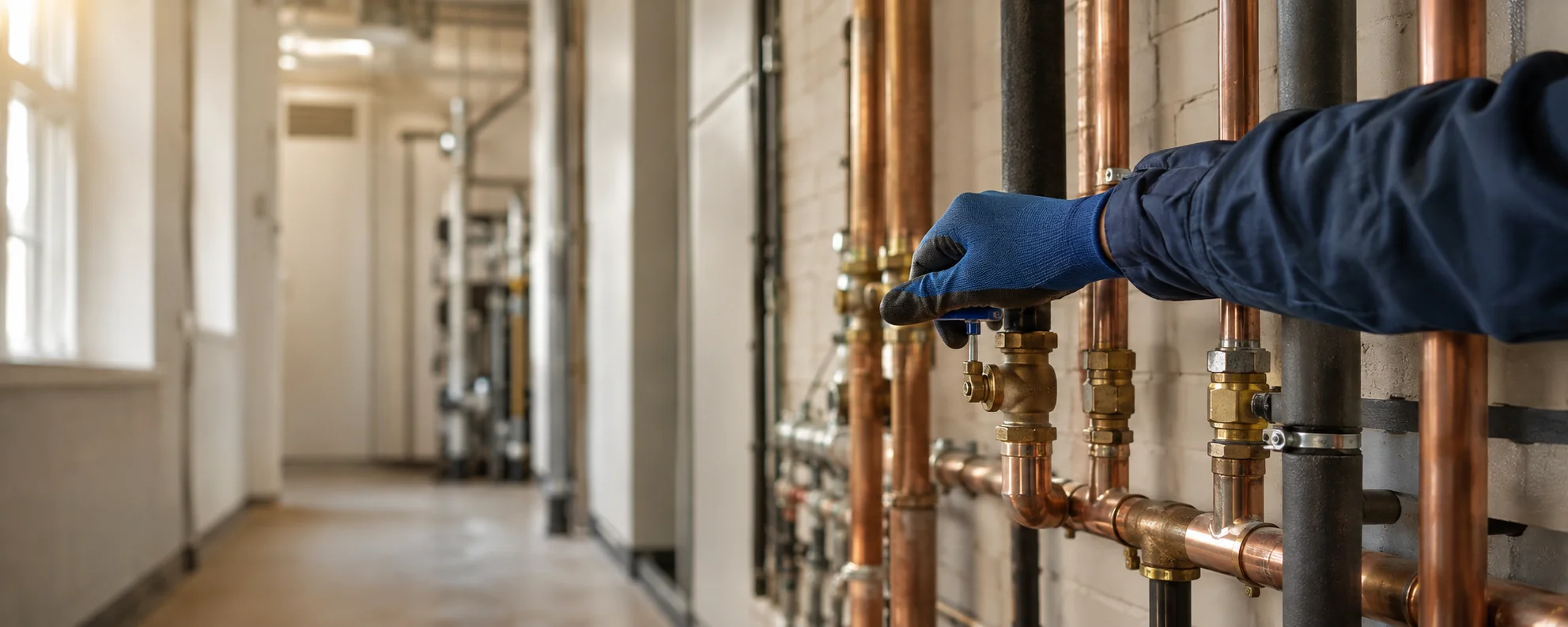 Illustrative inspection of water pipework in a building service room.