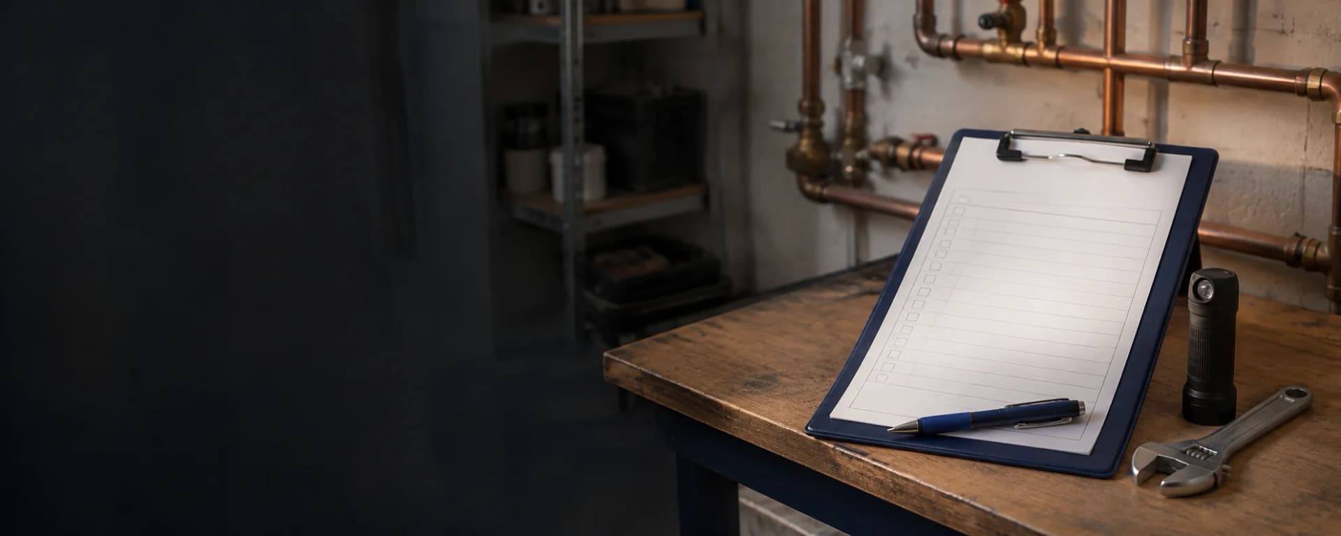 Illustrative maintenance clipboard and tools beside water pipework.