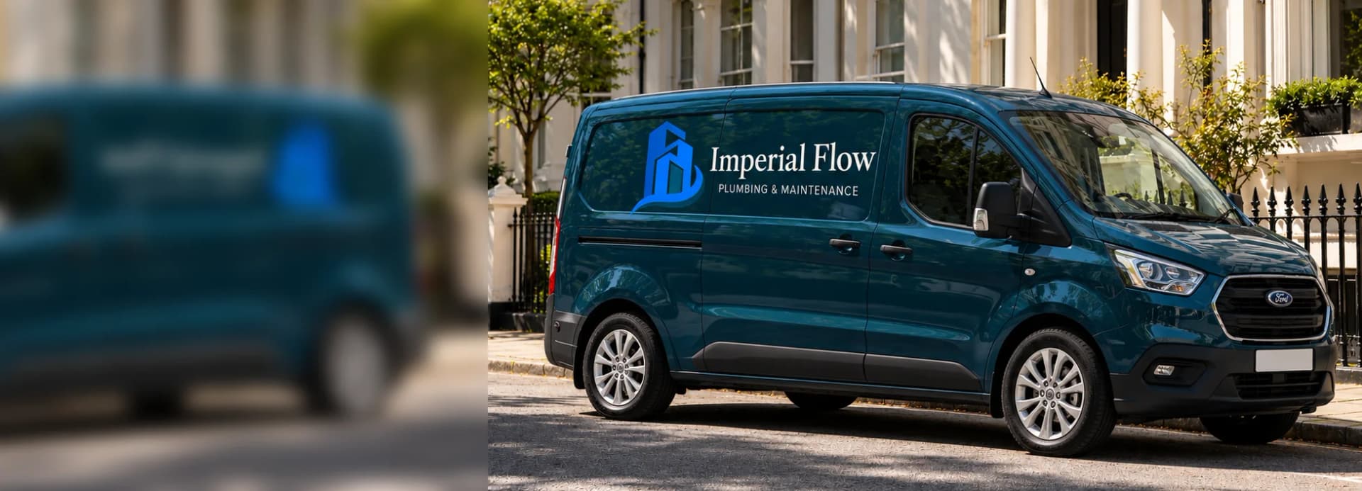 The Imperial Flow van parked outside a terrace of white stucco townhouses in central London.