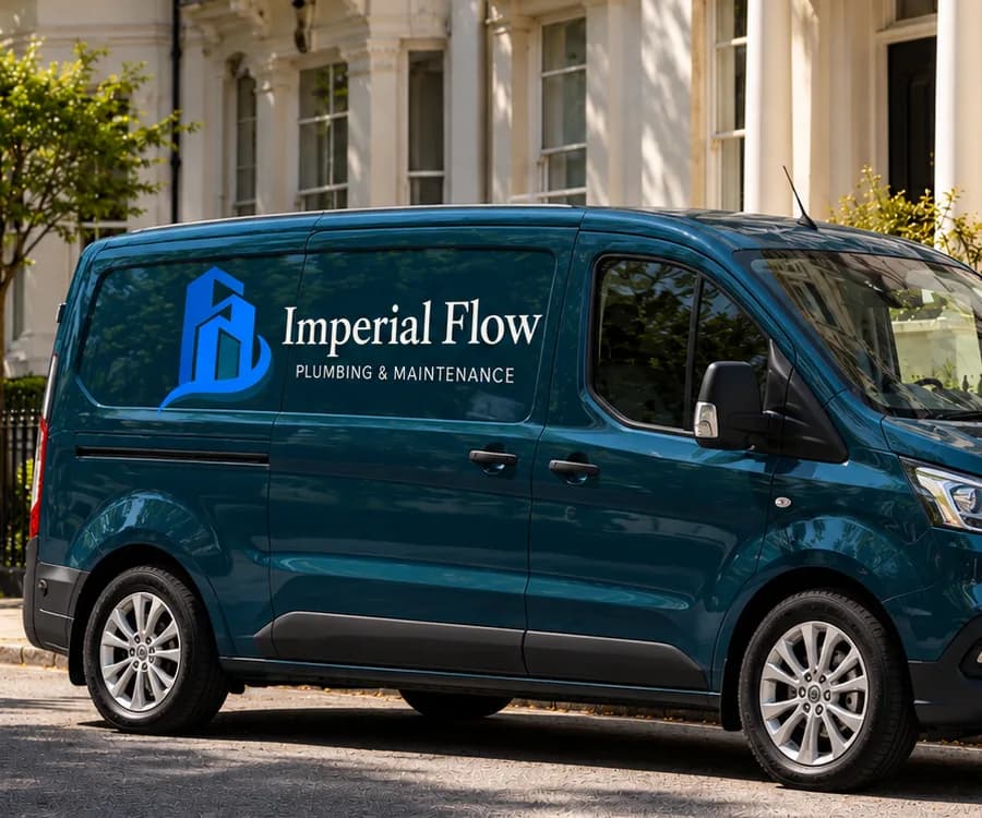 An Imperial Flow van parked on a tree-lined street of white stucco townhouses in central London.
